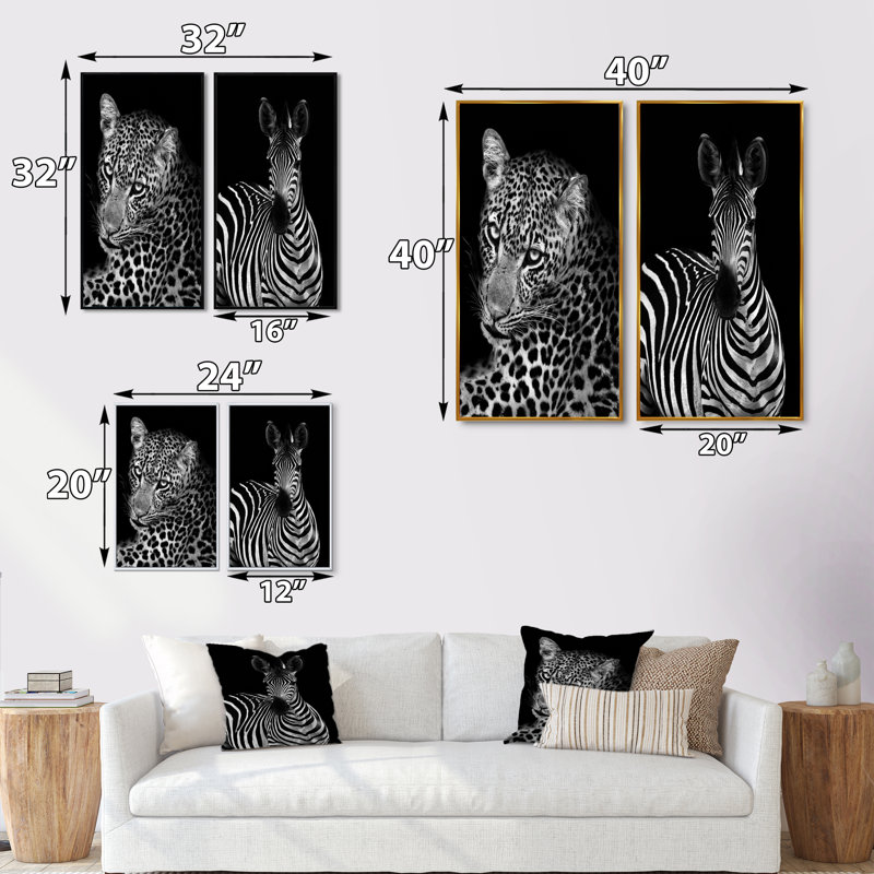 Leopard en noir et blanc II - ensemble de 2 reproductions sur toile, H 32 po x l 32 po x P 1 po, Cadre flottant noir