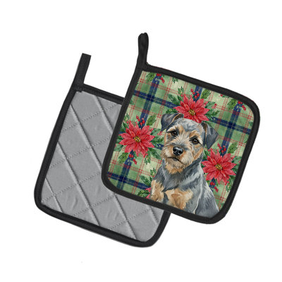 Paire de poignées bleues et brun clair à bordure terrier de Noël poinsettias
