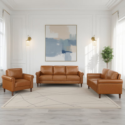 Kohlmeier Modern & Contemporary Faux Leather 3-Piece Living Room Set with Classic Rolled Arm Design, Foam & Pocket Coil Seating & Stylish Faux Wood Br by Winston Porter