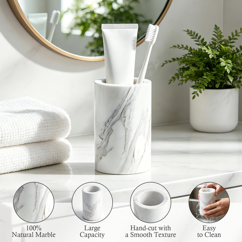 Ensemble de 3 accessoires de salle de bain en marbre naturel - Distributeur de savon, contenant à couvercle et porte-brosse à dents, pour comptoir de salle de bain, meuble-lavabo, salle d'eau