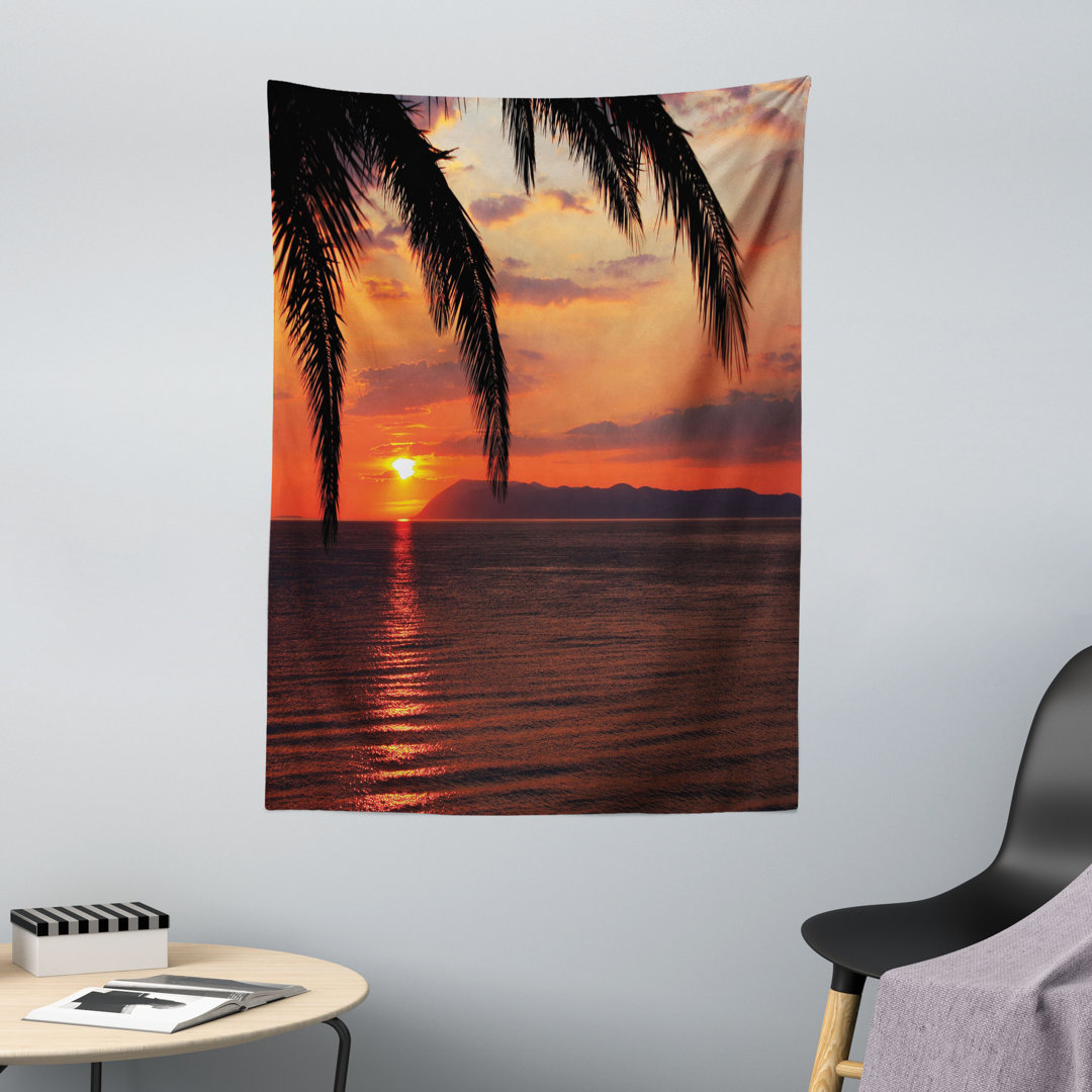 Wandteppich, Sonnenaufgang auf Meer und Palmen, Exotisch, Orange Gelb