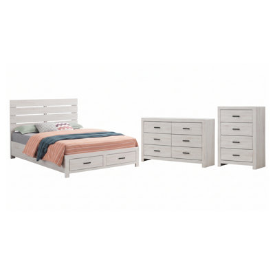 Ensemble de chambre à coucher Kingsley Coastal blanc Queen 3 pièces avec lit plateforme de rangement, commode et commode haute