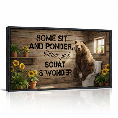 Brown Bear on Toilet in Rustic Cabin with Sunflowers Canvas Wall Art