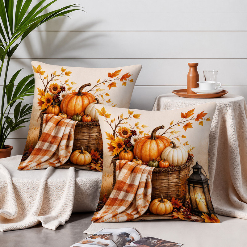 Housses de coussin décoratives en microfibre douce JYK, imprimées recto verso, avec fermeture éclair invisible, idéales pour la décoration intérieure et les cadeaux. 45 x 45 cm, motif écossais de citrouille orange.