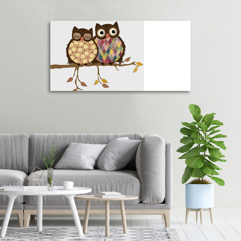 Two Owls On The Branch - No Frame Print on Canvas, No Frame, 50cm H x 100cm W