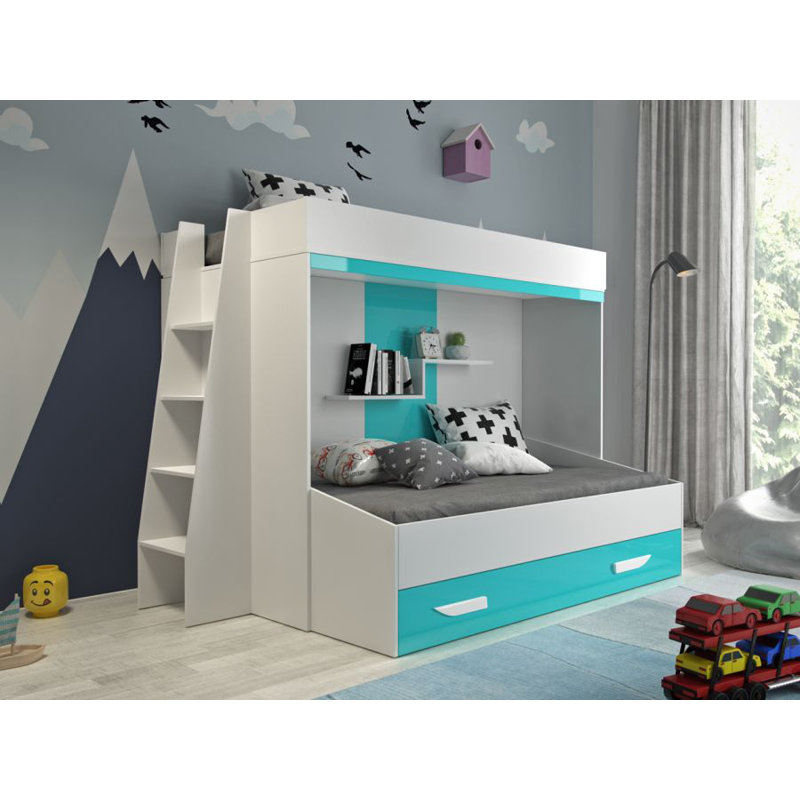 Bunk Bed with Storage Included, 95 x 200 cm, White/Turquoise