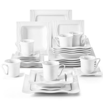 30 Pieces Dinnerware Set for 6 - Microwave Oven Dishwasher Safe, Scratch Resistant Square Porcelain Dishes with Cups & Saucers