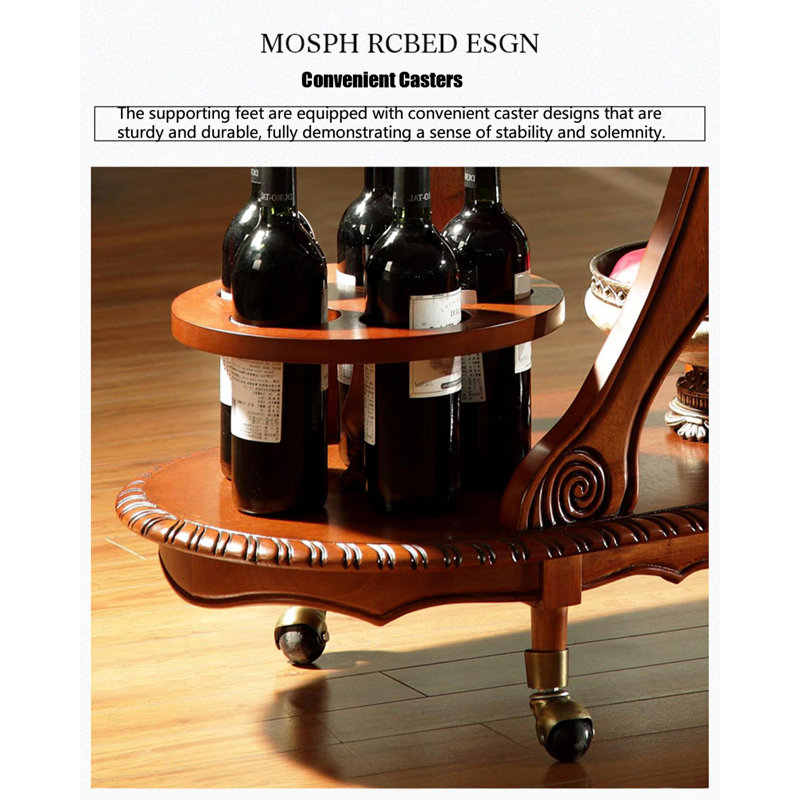 Chariot utilitaire roulant en chêne sculpté avec rangement pour bouteilles de vin