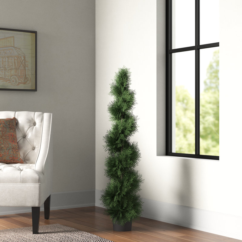 Artificial Potted Green Cedar Spiral Tree, 60" H x 13" W x 13" D
