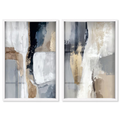Ensemble de décoration murale abstraite « Gold Rift Duet » en format shadowbox par Art Remedy, cadre noir, 10 x 15