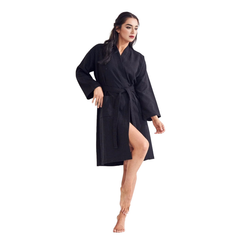 Peignoir mi-mollet 100% coton gaufré avec poches, Noir