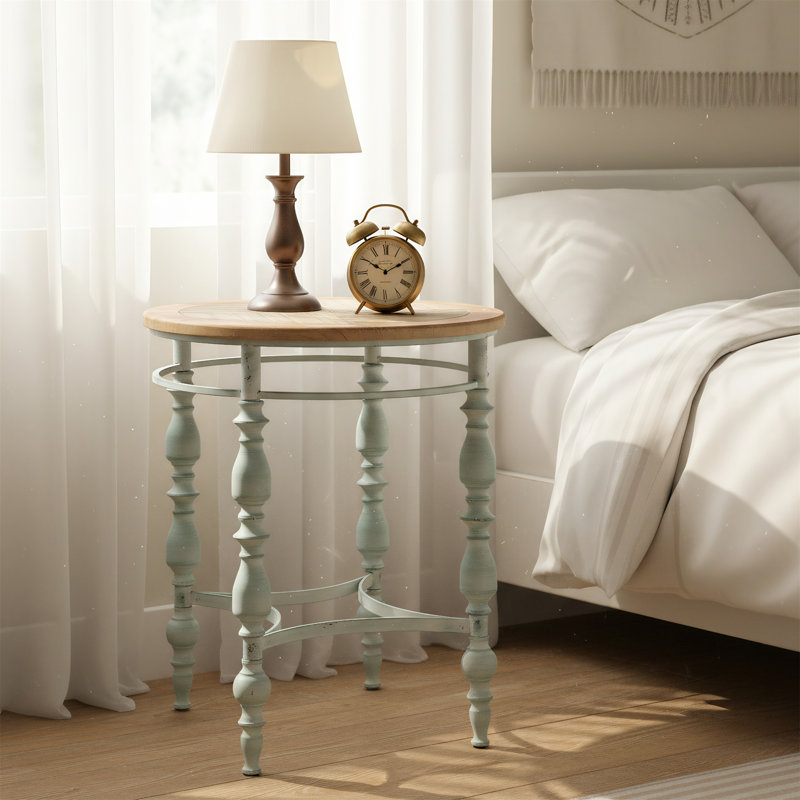 Table basse ronde en bois sculpté de 20,08 pouces avec plateau en bois et pieds en métal