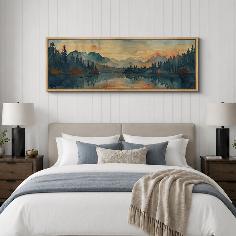 «Abstract Landscape», orange, vert, paisible, lac, forêt, très grande œuvre d'art, photo murale encadrée, H 20 po x l 60 po