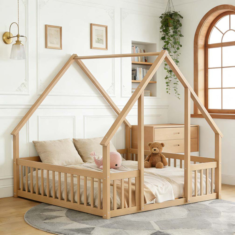 Twin Wood House-Shaped Floor Bed with Fence, Natural, Twin