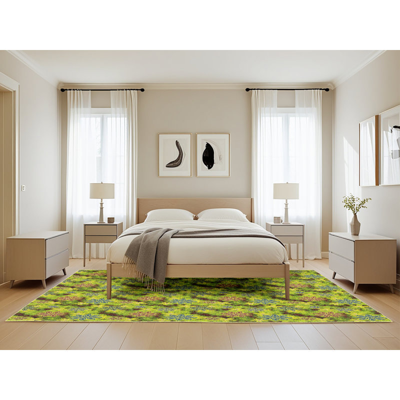 Tapis vert/jaune tissé à la machine, Rectangle 5 pi x 8 pi