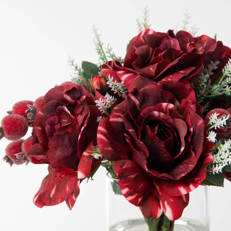 Rose & Iced Rosehip Berry Christmas Holiday Water Illusion Arrangement in Rounded Glass Urn Vase