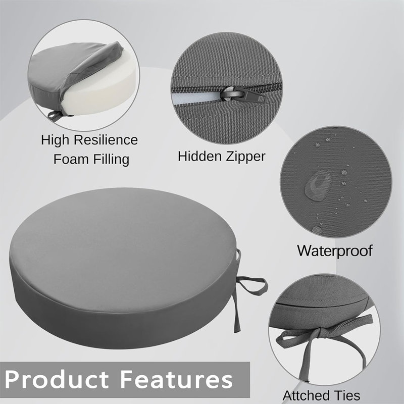 Outdoor Dining Chair Cushions, 15”x15”x 3” Thick Outdoor Round Seat Cushions Set of 4 with Ties, Splash-resistant Round Patio Furniture for Garden,Dark Gray