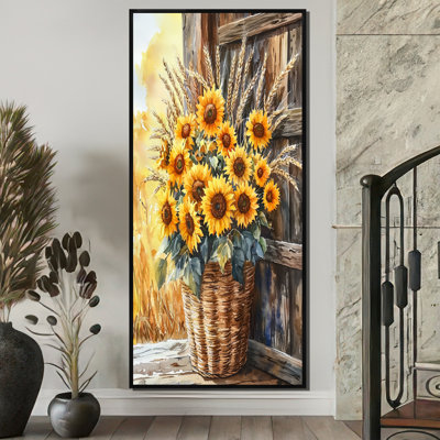 Concession de tournesol et bouquet de blé à la grange - tournesols, impression sur toile