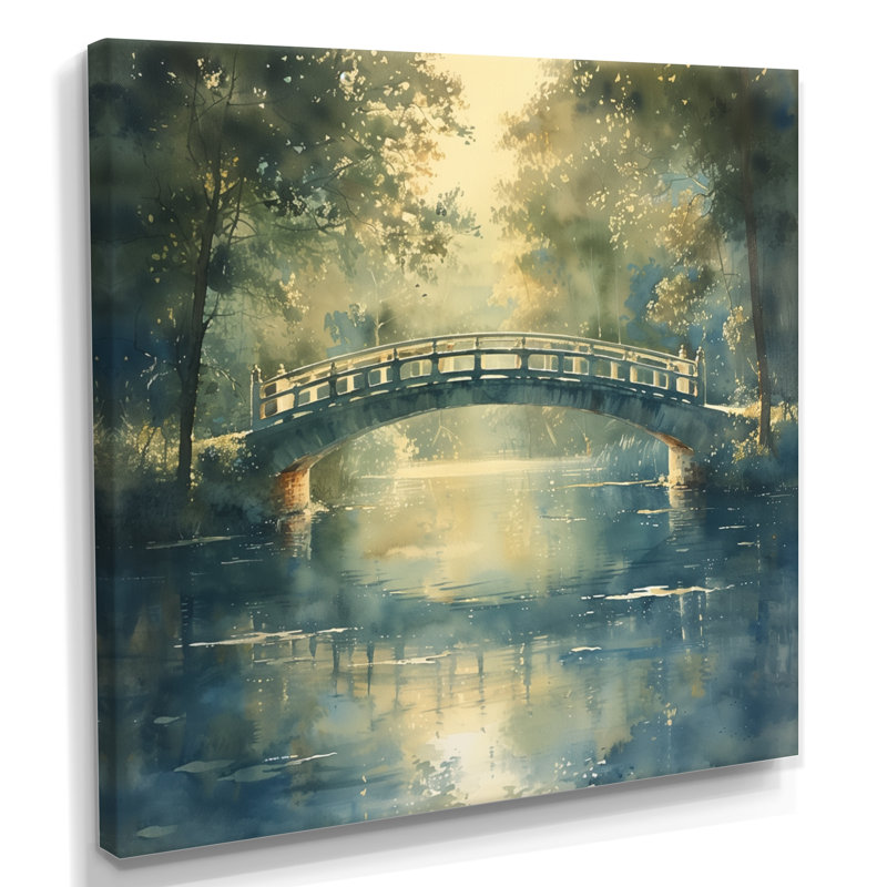 «Green Beige River Crossing Park Bridge I», art mural, Toile tendue, H 16 po x l 16 po x P 1 po