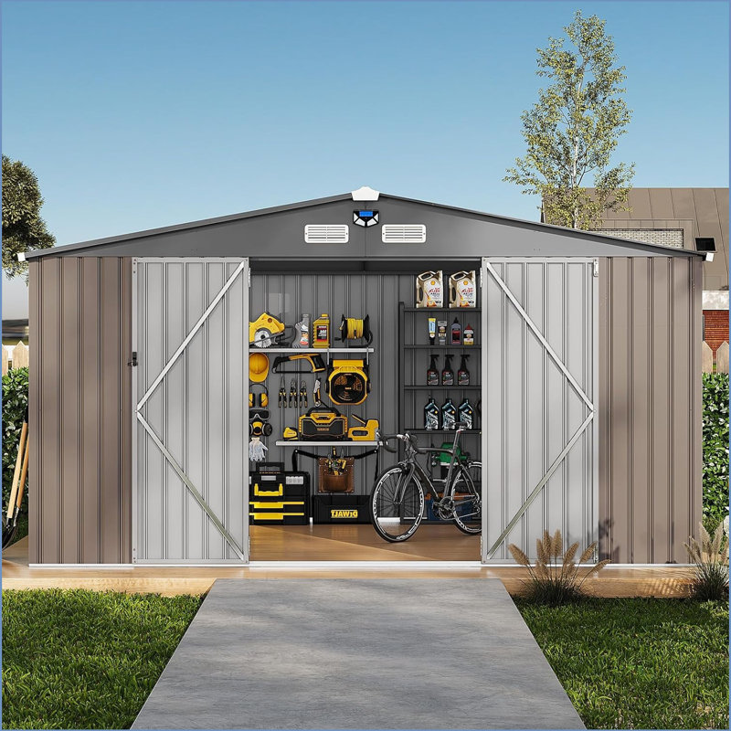 10x12FT Outdoor Storage Shed Metal Tool Shed with Sloped Roof Windows Solar Light Lockable Doors and Keys for Garden Backyard Patio Equipment and Tools