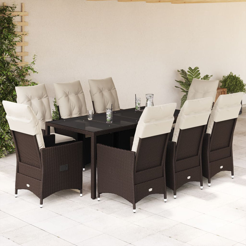  Ensemble repas 9 pièces pour patio avec coussins en rotin de polyester brun, Avec repose-pieds, 8
