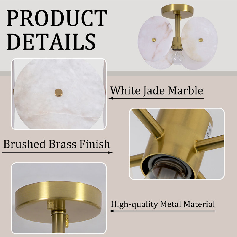 9.8" 1-Light Modern Brushed Brass Unique/Statement Semi-Flush Mount With White Jade Marble Shade For Hallways, Stairwells & Dining Rooms（60% Off Limited Time Only）