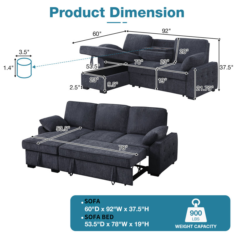 Canapé-lit convertible en chenille 2 en 92 de 92 po de large avec porte-gobelet rabattable avec accoudoirs et ports USB et chaise de rangement réversible pour le salon