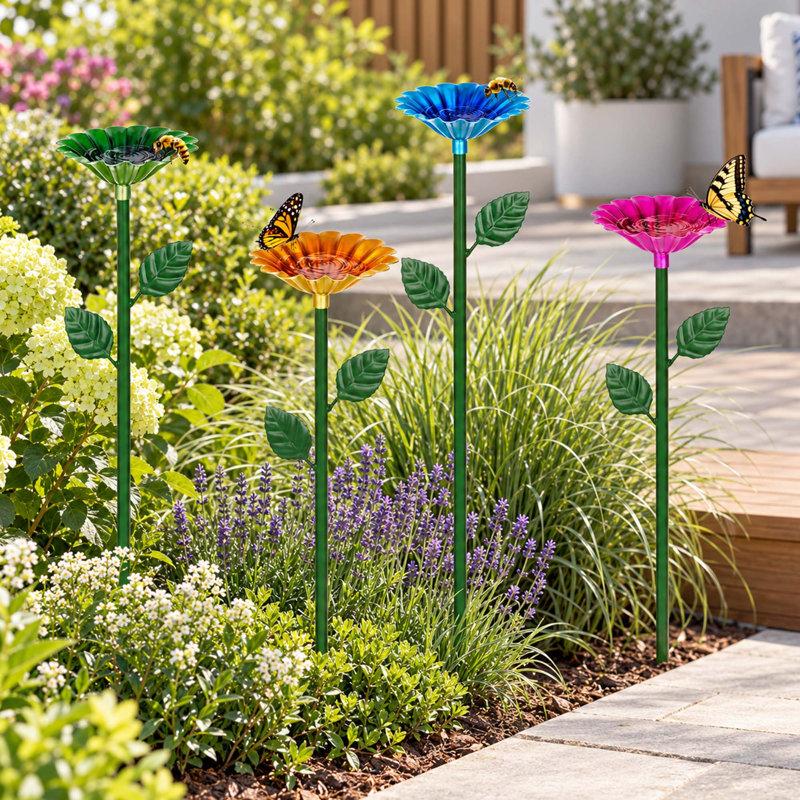 Lot de 4 stations d'arrosage en métal pour abeilles avec coupes à fleurs colorées