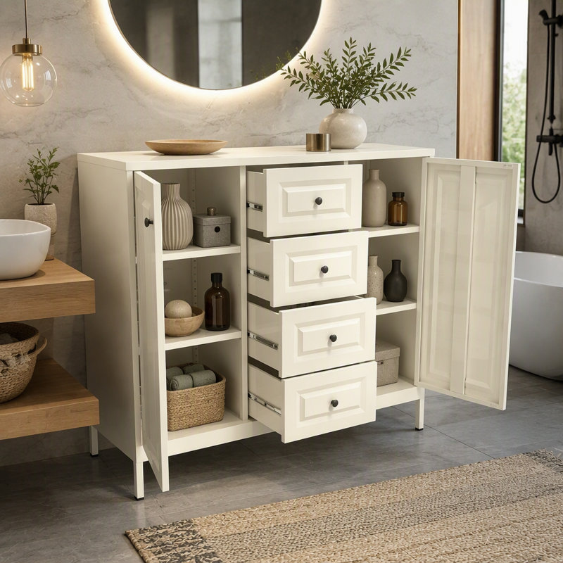 Buffet de rangement autoportant 40,16 po avec 4 tiroirs et 2 portes, tablettes réglables pour le salon et la cuisine