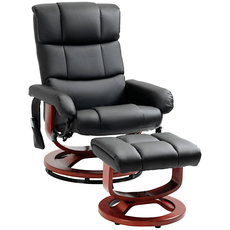 Fauteuil inclinable de massage avec repose-pieds, fauteuil inclinable pivotant et repose-pieds, fauteuil inclinable en similicuir avec télécommande, 10 points de vibration et poche latérale, noir