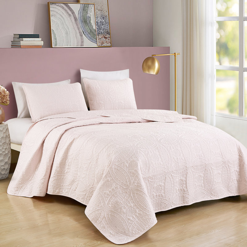 Austin Microfiber Reversible 3-Piece Coverlet / Bedspread Set, Pink, Full/Double Coverlet / Bedspread + 2 Shams
