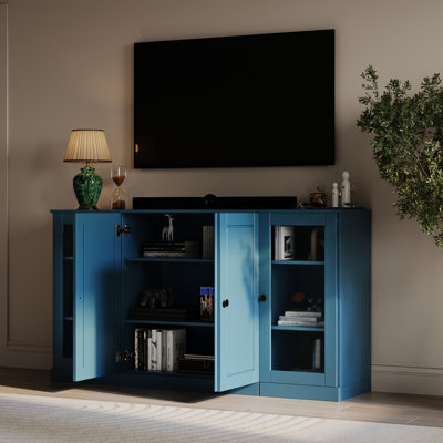 100% Solid Wood TV Stand, 65" Wide TV Console With Raised Panel & Glass Doors & Storage