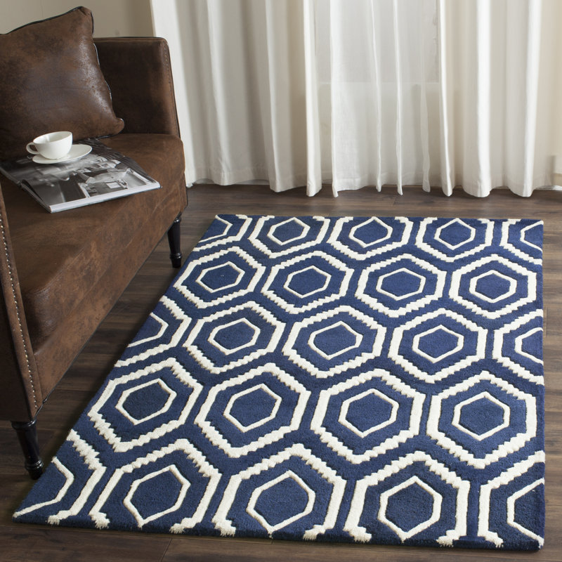  Huyet Geometric Wool Hand Woven Area Rug, Rectangle 183 x 274 cm, Dark Blue/Ivory