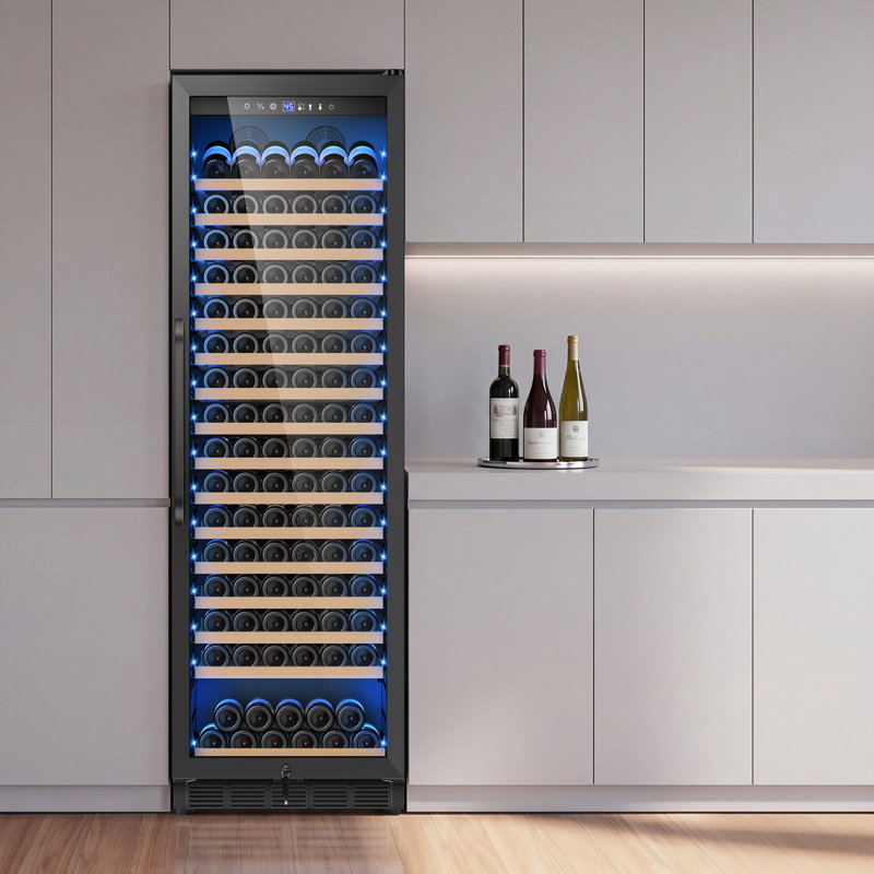 189 Bottle Built-in/Freestanding Single Zone Wine Refrigerator with Adjustable Thermostat, Blue LED Lighting, 16 Removable Beech Wood Shelves, UV-Resistant Glass Door, Quiet Compressor Cooling