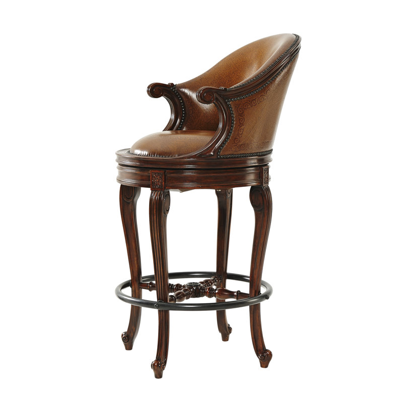 Brown Leather Swivel Counter Stool with Wood Frame
