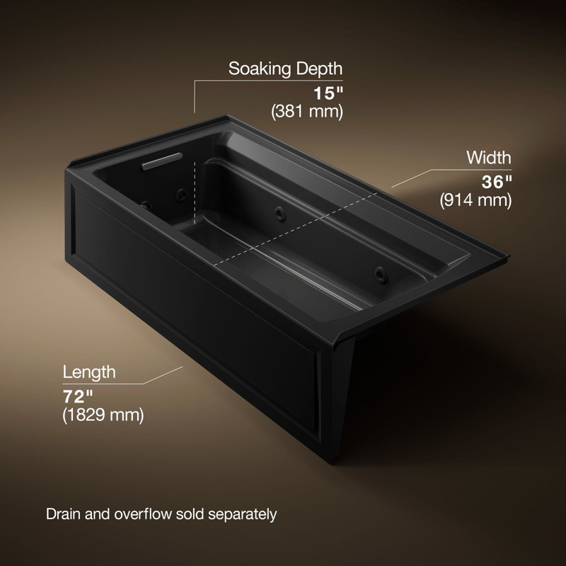 Archer Alcove 72" x 36" Whirpool Bathtub, Black, Left