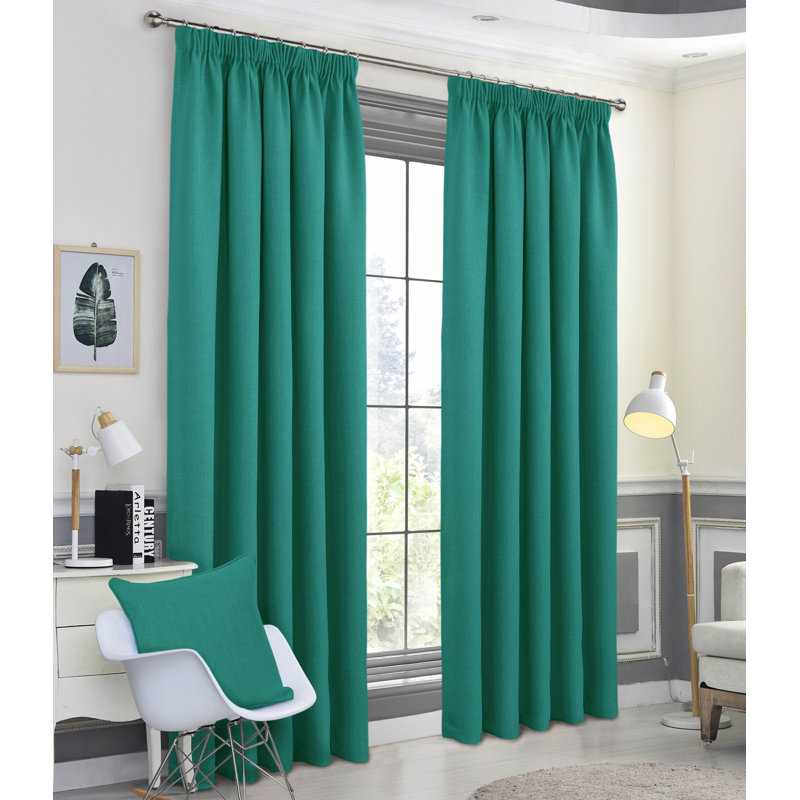 Meliha Pencil Pleat Blockout Curtains, Emerald, Width 114 x Drop 229 cm