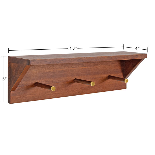 Shea Poplar Solid Wood Floating Shelf with Hooks Finish: Walnut Brown
