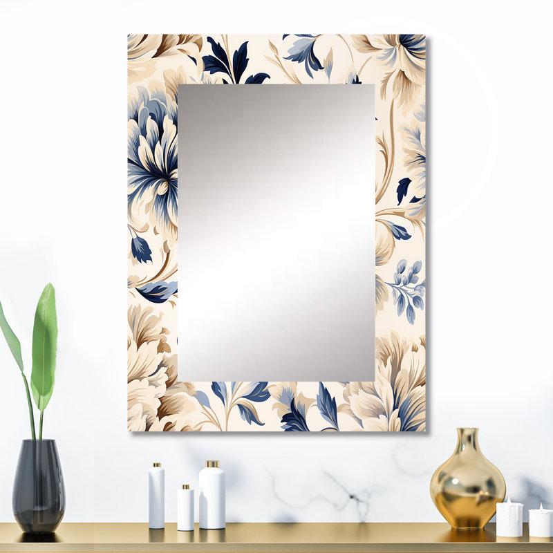 Amarina Petal Symphony Blue Damask Harmony - miroir mural décoratif damassé, 32 po x 24 po