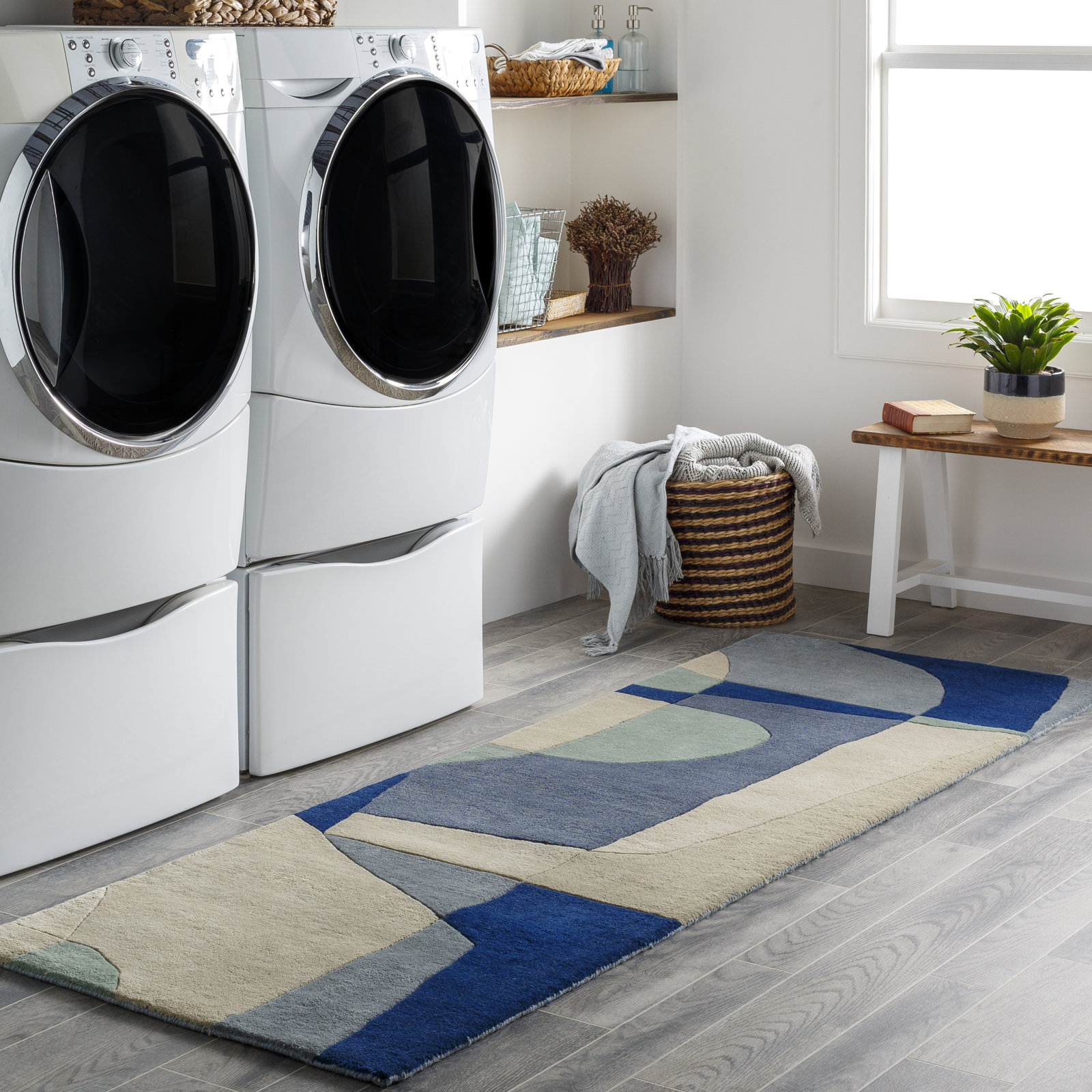 Gaye Teal Navy Beige Hand-Tufted Geometric Rug, Runner 2'6" x 8'