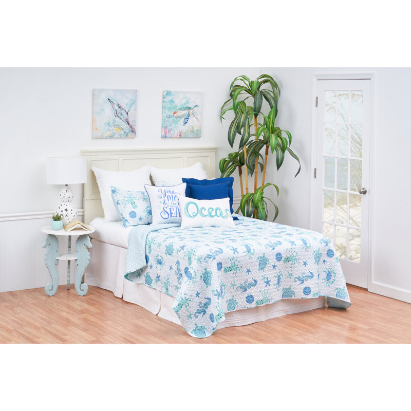 King Blue Reversible Microfiber Coastal Quilt Set