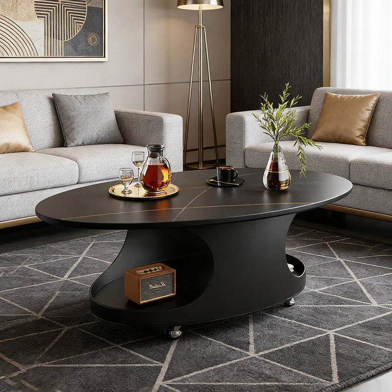 Table basse ovale simple avec poulie, 17.71" H  x 21.65" D x 39.37" W, Black/Gold Top/Black Base