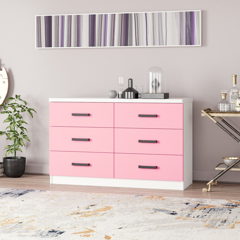 Barstis 6 Drawers Dresser Spacious Drawers, White/Pink