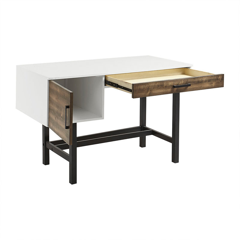 White and Brown Wood Writing Desk with Black Metal Legs and Drawer