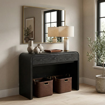 Curved Edge 47.24" Wide Black MDF Console Table with 2 Drawers