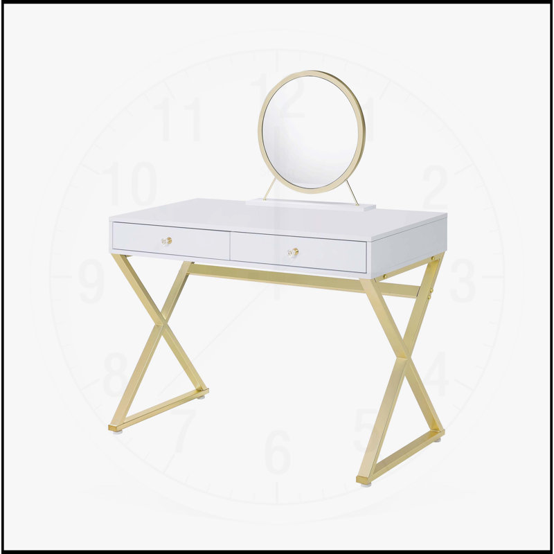 Versatile Vanity Desk with Mirror and Jewelry Tray for Stylish Spaces, Gloss White/Gold