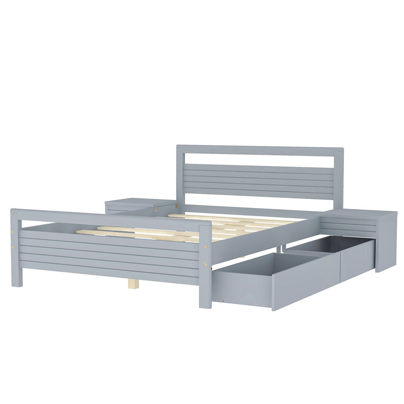 Lit plateforme en bois avec 2 tiroirs de rangement et 2 tables de chevet, Gris, Lit double