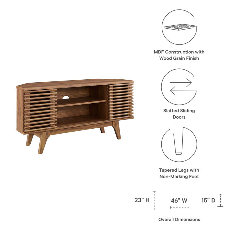 Walnut Mid-Century Modern Corner TV Stand with Sliding Doors