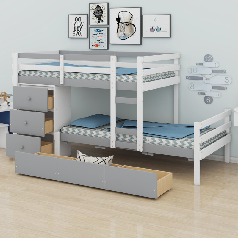Lit superposé Loft avec tiroirs et échelle, Gris