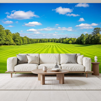 Peel and Stick Wallpaper Sunny Green Meadow Trees Under Blue Sky Landscape Clouds Wall Murals 69"H x 96"W Removable PVC Wall Paper Self-Adhesive Wall Paintings Art Decor for Bedroom Living Room